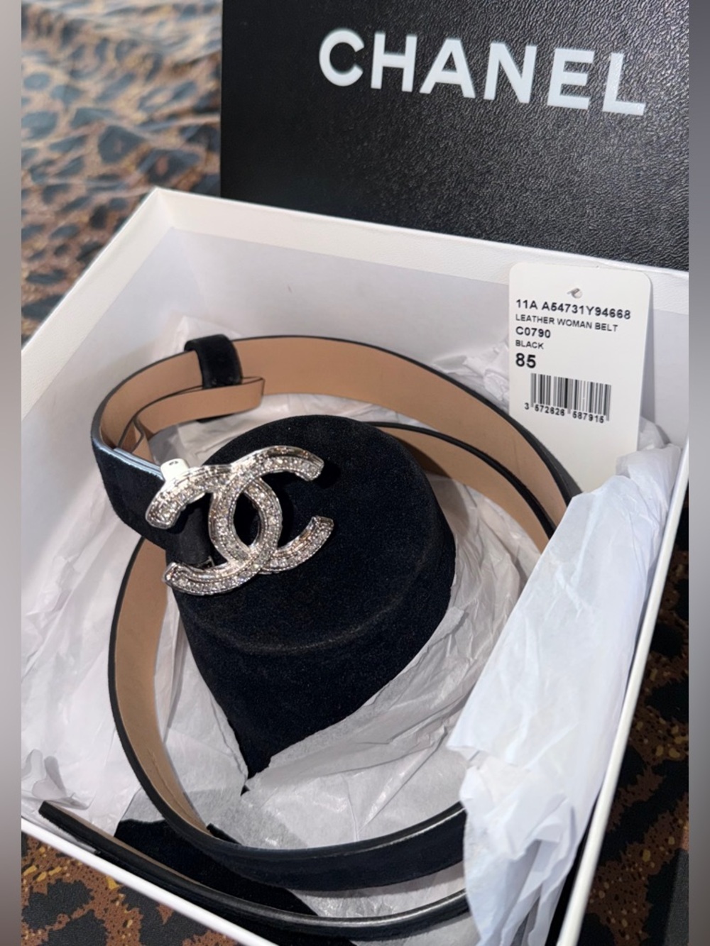 Brand New* CHANEL Vintage Black Leather Belt with Crystal CC Logo Buckle